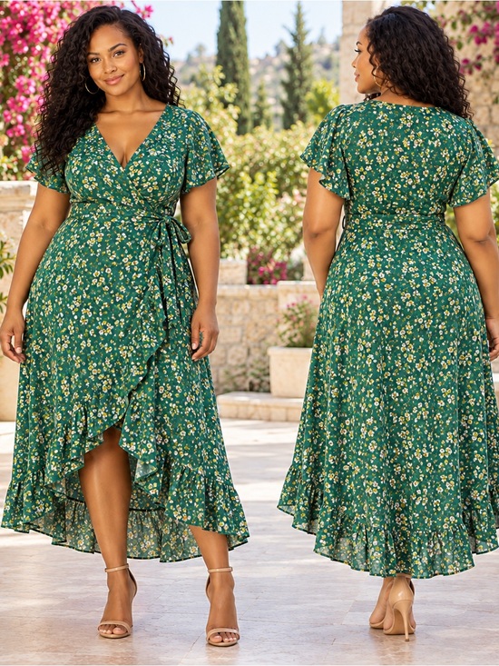 Max Studio Dresses & Skirts - Max Studio 1X Green Floral True Wrap Midi Dress Flutter Sleeve NWT